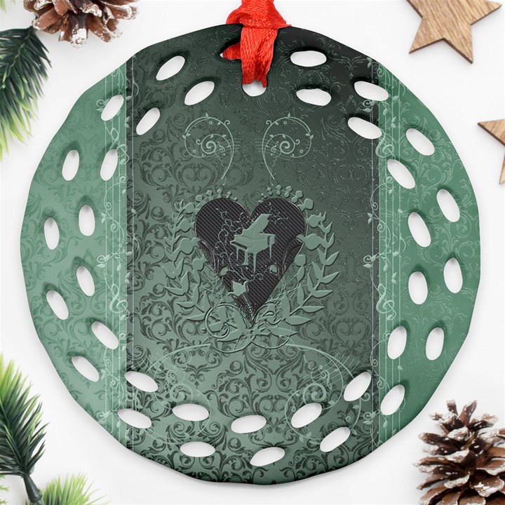 Elegant Heart With Piano And Clef On Damask Background Round Filigree Ornament (Two Sides)