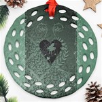 Elegant Heart With Piano And Clef On Damask Background Round Filigree Ornament (Two Sides) Back