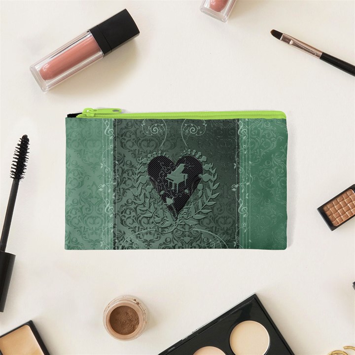 Elegant Heart With Piano And Clef On Damask Background Cosmetic Bag (XS)