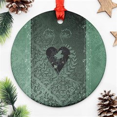 Elegant Heart With Piano And Clef On Damask Background Ornament (round) by FantasyWorld7