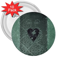 Elegant Heart With Piano And Clef On Damask Background 3  Buttons (10 Pack)  by FantasyWorld7