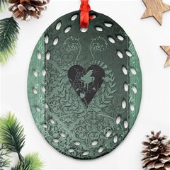 Elegant Heart With Piano And Clef On Damask Background Ornament (oval Filigree) by FantasyWorld7