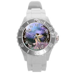 Little Fairy With Dove Round Plastic Sport Watch (l) by FantasyWorld7