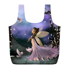 Little Fairy With Dove Full Print Recycle Bag (l) by FantasyWorld7