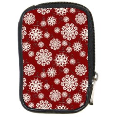 Snowflakes On Red Compact Camera Leather Case by bloomingvinedesign