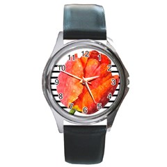 Tulip Watercolor Red And Black Stripes Round Metal Watch by picsaspassion