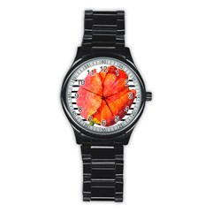 Tulip Watercolor Red And Black Stripes Stainless Steel Round Watch by picsaspassion