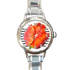 Tulip Watercolor Red And Black Stripes Round Italian Charm Watch by picsaspassion