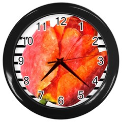 Tulip Watercolor Red And Black Stripes Wall Clock (black) by picsaspassion