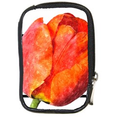 Tulip Watercolor Red And Black Stripes Compact Camera Leather Case by picsaspassion