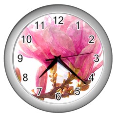 Magnolia Roze Aquarel Watercolor Wall Clock (silver) by picsaspassion