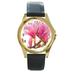 Magnolia Roze aquarel watercolor Round Gold Metal Watch