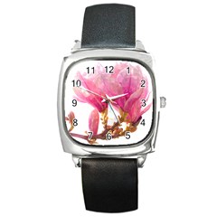 Magnolia Roze Aquarel Watercolor Square Metal Watch by picsaspassion