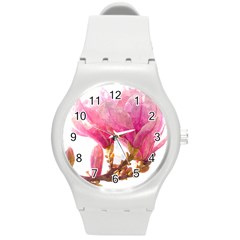 Magnolia Roze aquarel watercolor Round Plastic Sport Watch (M)