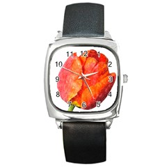 Spring Tulip Red Watercolor Aquarel Square Metal Watch by picsaspassion