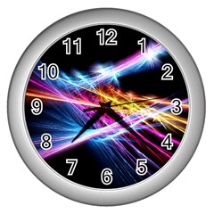 Colorful Neon Art Light Rays, Rainbow Colors Wall Clock (silver) by picsaspassion