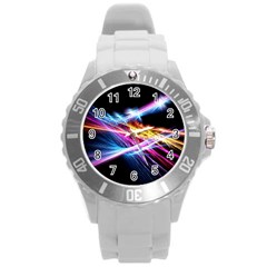 Colorful Neon Art Light Rays, Rainbow Colors Round Plastic Sport Watch (l) by picsaspassion