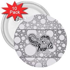 Elegant Mandala Elephant In Black And Wihte 3  Buttons (10 Pack)  by FantasyWorld7