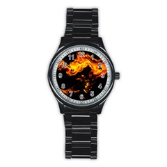 Can Walk On Fire, Black Background Stainless Steel Round Watch by picsaspassion