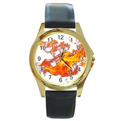 Can Walk on volcano Fire, white background Round Gold Metal Watch