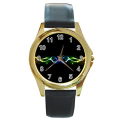 Colorful Neon Art Light Rays, Rainbow Colors Round Gold Metal Watch by picsaspassion