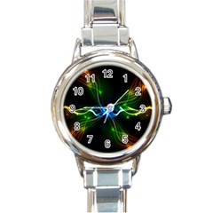 Colorful Neon Art Light Rays, Rainbow Colors Round Italian Charm Watch