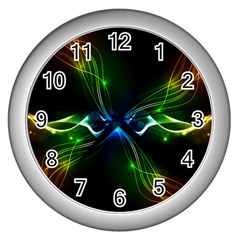 Colorful Neon Art Light Rays, Rainbow Colors Wall Clock (silver) by picsaspassion