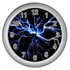 Blue Thunder Colorful Lightning Graphic Impression Wall Clock (silver) by picsaspassion