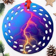 Blue Lightning Colorful Digital Art Round Filigree Ornament (two Sides)