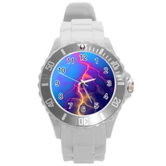 Blue Lightning Colorful Digital Art Round Plastic Sport Watch (l) by picsaspassion