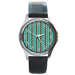 Background Chevron Blue Round Metal Watch by HermanTelo