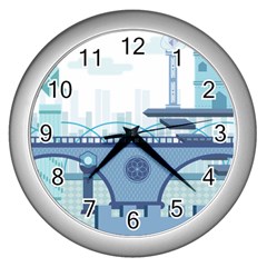 Blue City Building Fantasy Wall Clock (silver) by Vaneshart