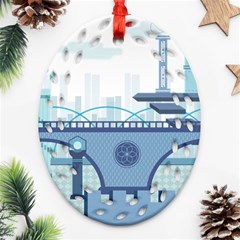 Blue City Building Fantasy Oval Filigree Ornament (two Sides)