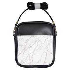 White Marble Texture Floor Background With Gold Veins Intrusions Greek Marble Print Luxuous Real Marble Girls Sling Bag by genx