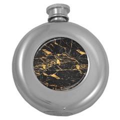 Black Marble Texture With Gold Veins Floor Background Print Luxuous Real Marble Round Hip Flask (5 Oz) by genx