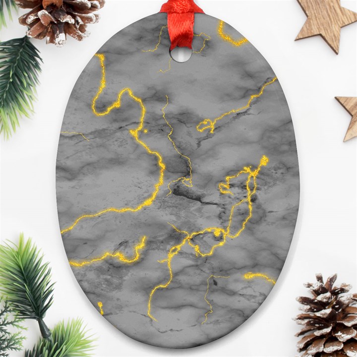 Marble neon retro light gray with gold yellow veins texture floor background retro neon 80s style neon colors print luxuous real marble Oval Ornament (Two Sides)