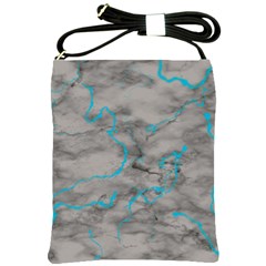 Marble Light Gray With Bright Cyan Blue Veins Texture Floor Background Retro Neon 80s Style Neon Colors Print Luxuous Real Marble Shoulder Sling Bag by genx