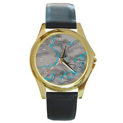 Marble Light Gray With Bright Cyan Blue Veins Texture Floor Background Retro Neon 80s Style Neon Colors Print Luxuous Real Marble Round Gold Metal Watch by genx