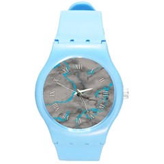 Marble Light Gray With Bright Cyan Blue Veins Texture Floor Background Retro Neon 80s Style Neon Colors Print Luxuous Real Marble Round Plastic Sport Watch (m) by genx