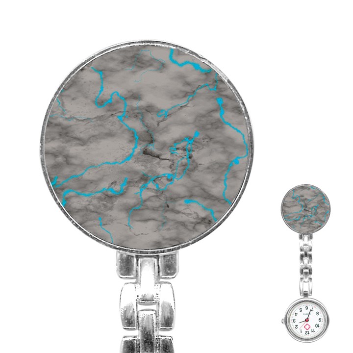 Marble light gray with bright cyan blue veins texture floor background retro neon 80s style neon colors print luxuous real marble Stainless Steel Nurses Watch