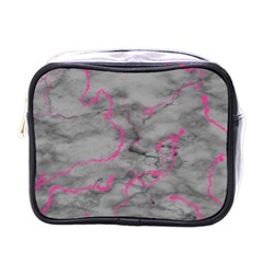 Marble Light Gray With Bright Magenta Pink Veins Texture Floor Background Retro Neon 80s Style Neon Colors Print Luxuous Real Marble Mini Toiletries Bag (one Side) by genx