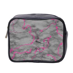 Marble Light Gray With Bright Magenta Pink Veins Texture Floor Background Retro Neon 80s Style Neon Colors Print Luxuous Real Marble Mini Toiletries Bag (two Sides) by genx