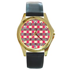 Background Texture Plaid Red Round Gold Metal Watch by HermanTelo