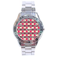 Background Texture Plaid Red Stainless Steel Analogue Watch