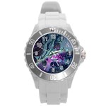 Decorative Floral Design Round Plastic Sport Watch (L) Front