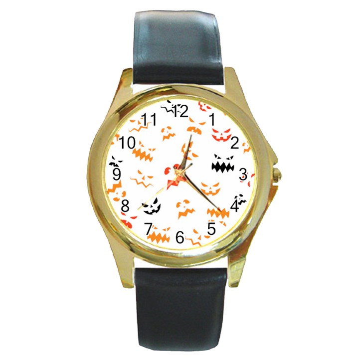 Pumpkin Faces Pattern Round Gold Metal Watch