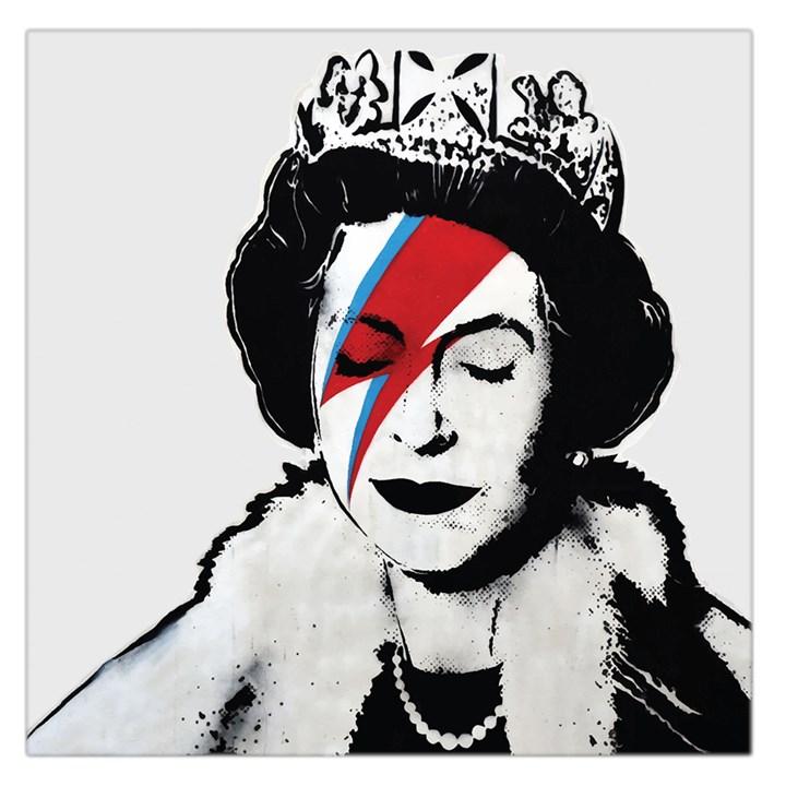 Banksy graffiti UK England God Save the Queen Elisabeth with David Bowie rockband face makeup Ziggy Stardust Large Satin Scarf (Square)