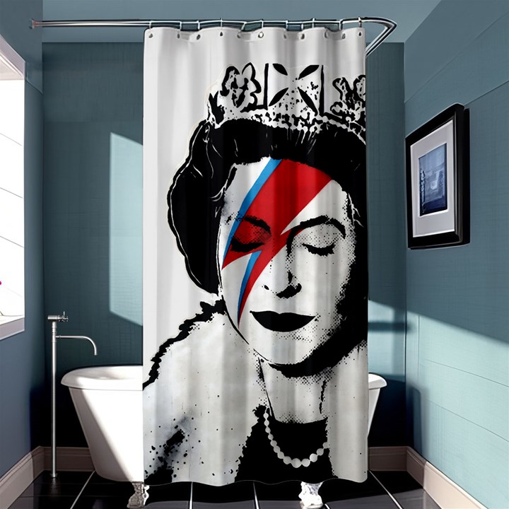 Banksy graffiti UK England God Save the Queen Elisabeth with David Bowie rockband face makeup Ziggy Stardust Shower Curtain 36  x 72  (Stall) 