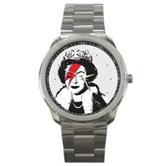 Banksy Graffiti Uk England God Save The Queen Elisabeth With David Bowie Rockband Face Makeup Ziggy Stardust Sport Metal Watch by snek