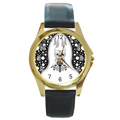 Cute Little Mandala Owl Round Gold Metal Watch